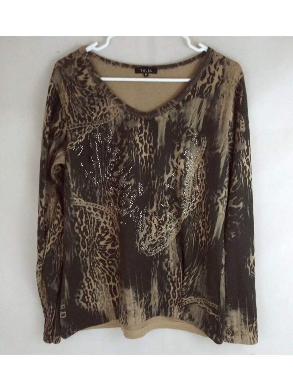 Talia Women's Brown Beaded Animal Print Long Sleeve Shirt Size Medium